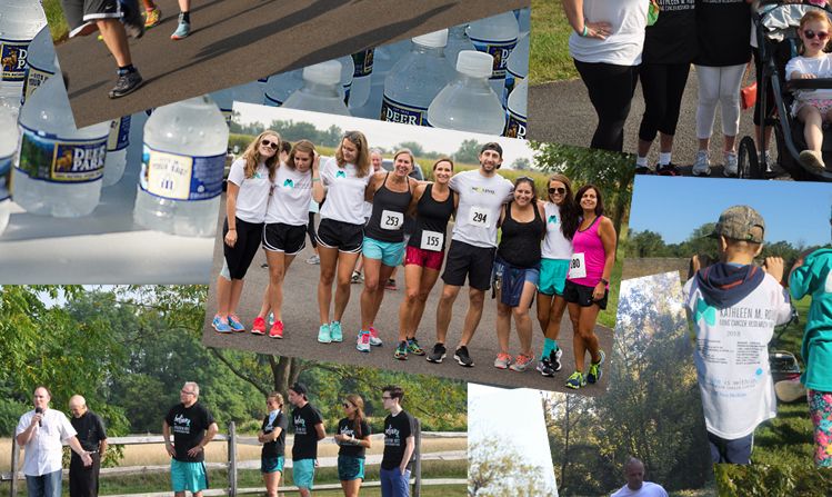 A collage of images which primarily include people of different ages dressed in athletic clothes and Kathleen M. Rotz t-shirts and are participating in an outdoor run.